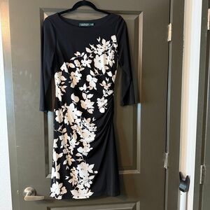 Ralph Lauren Black Dress with White Floral Pattern, Long Sleeve
